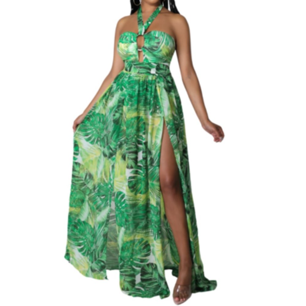 BANJUL Tropical Print Halter Maxi Dress - Green